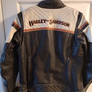 Harley-Davidson Black and Cream Leather Bomber Jacket UNISEX SIZE LARGE